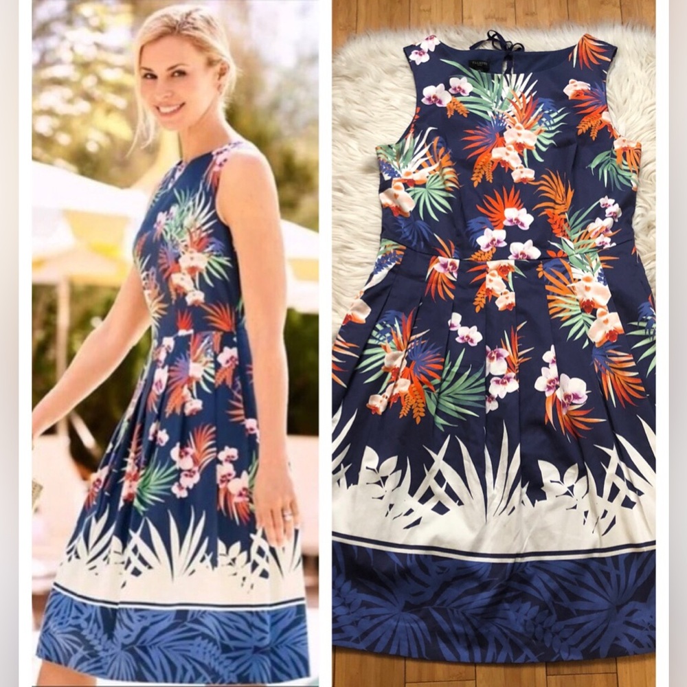 Talbots Orchids Pleated Fit & Flare Floral Sleeveless Knee Length Navy Dress 10P